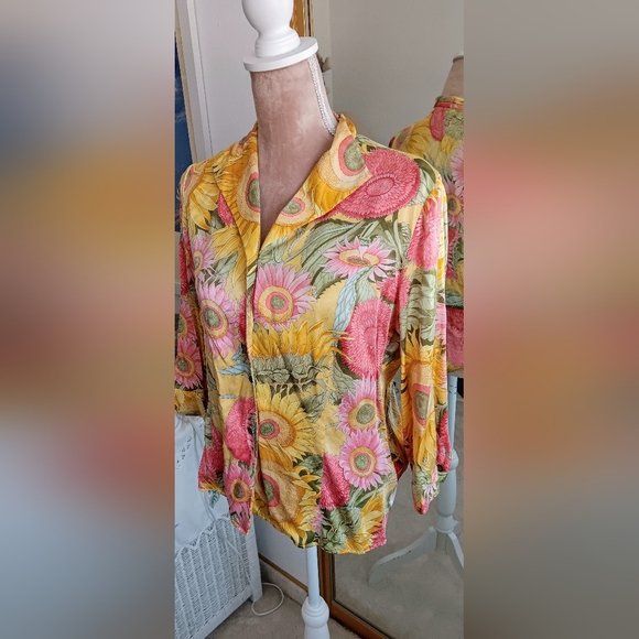 Don Caster~Vintage Yellow Pink & Green Floral Sunflower Silk Button Down Shirt - Picture 13 of 13